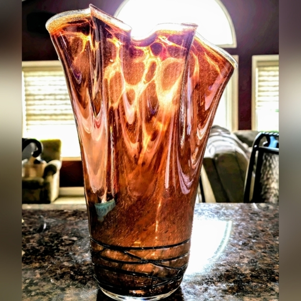 Jozefina Krosno, Poland- Brown Swirled Iridescent Vase W/ Glass String - Picture 1 of 6